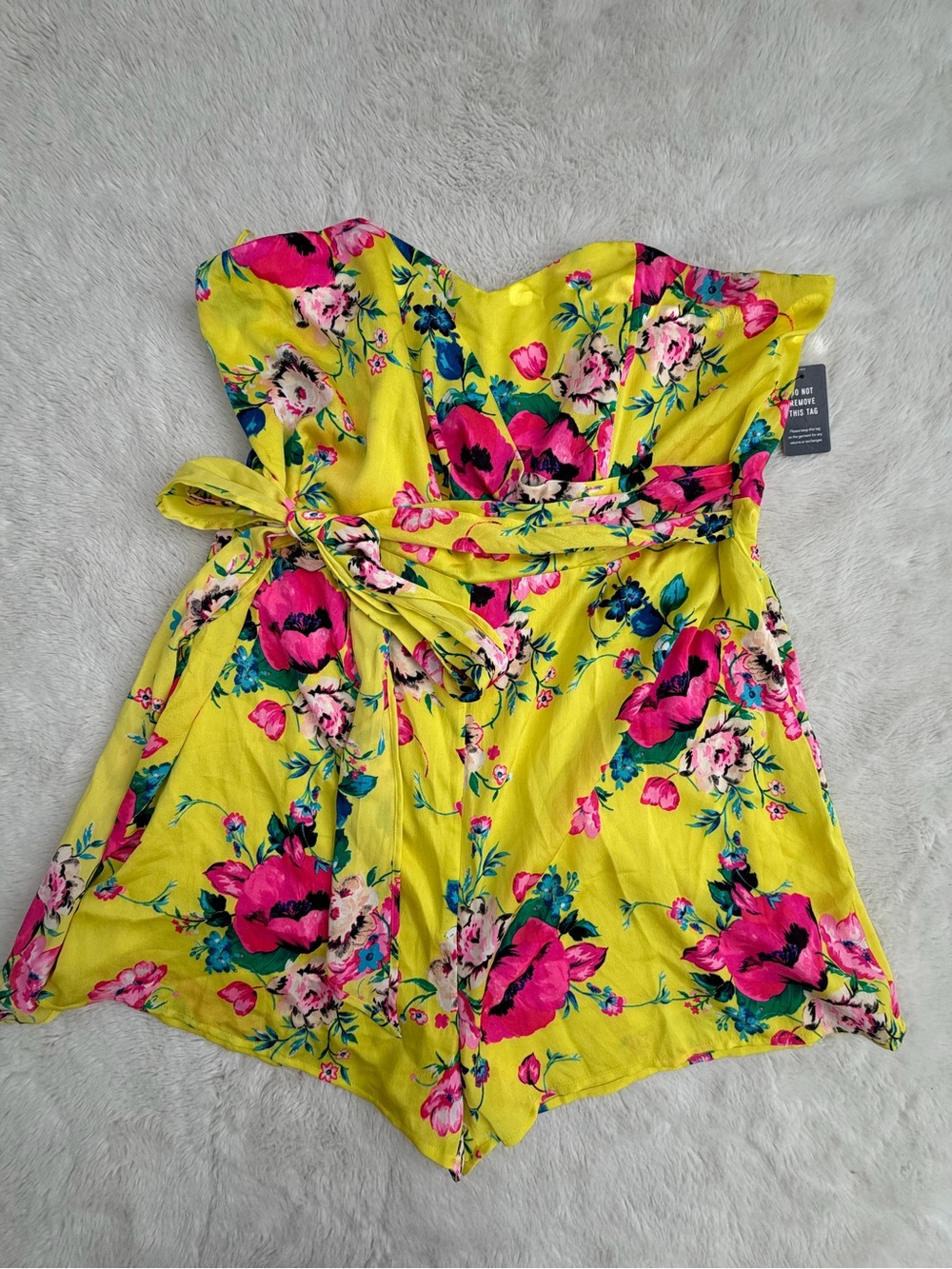Express Strapless Yellow Floral Romper with Pink & Blue Blooms